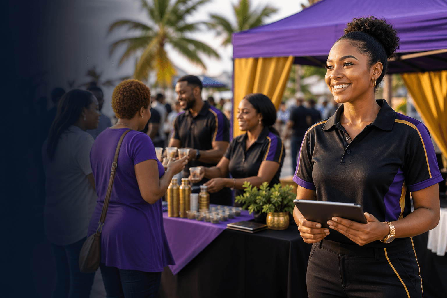 Brand ambassadors engaging consumers at an outdoor activation.